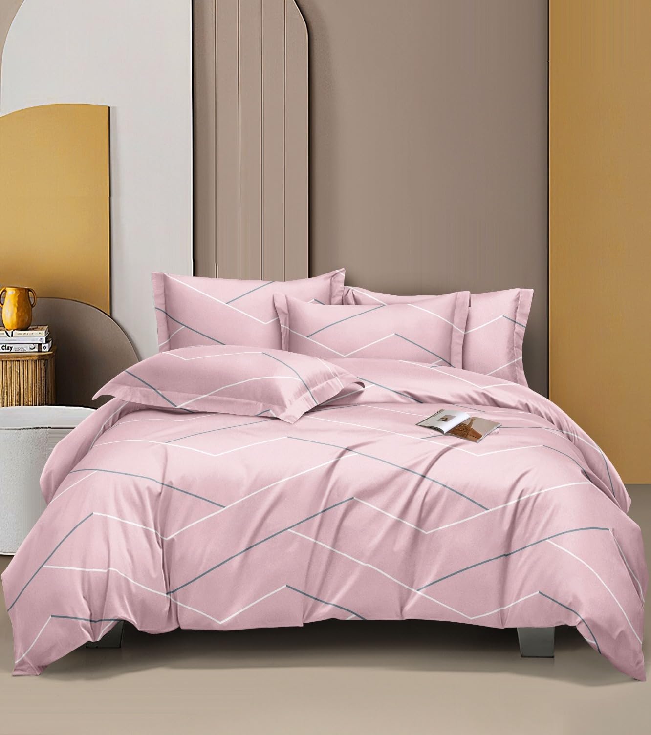 DECOR2ADMIRE 300 TC Soft Glace Cotton Queen Size Abstract Printed Premium Double Bedsheet with Two King Size Pillow Covers for Home 90 Inches x 100 Inches (Pink Multi Floral)