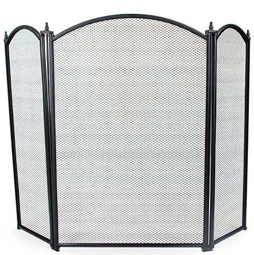 Simpa® Oakley 3 Panel Folding Fire Guard Fire Place Guard Fire Screen Spark Flame Guard Curved Top 3 Panel Folding Design, Black