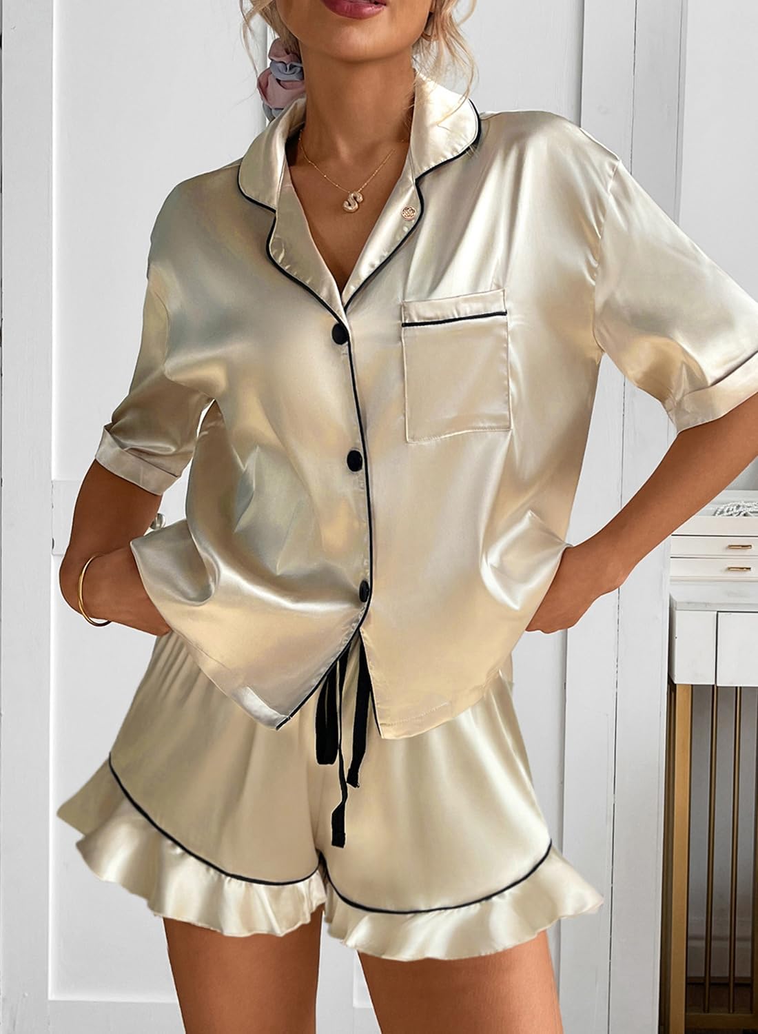 CHYRII Women's Silk Satin Pajamas Two Piece Pj Sets Short Sleeve Tops Ruffled Shorts Sleepwear with Magnetic Diffuser - Image 6