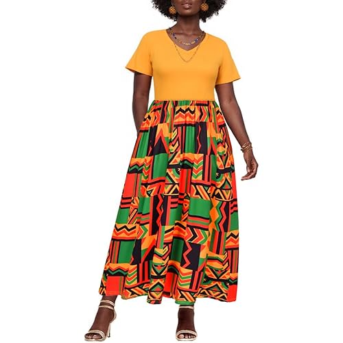 CARCOS Plus Size Dresses for Women Summer Short Sleeve V Neck Patchwork Dresseses XL-5XL