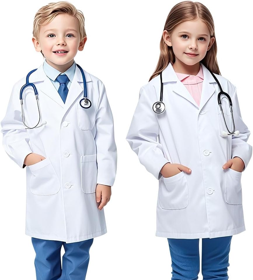 AUYAO Child's White Lab Coat, White Lab Coat Dress Up for Kids, Kids Scientist Costume Doctor Costume, Unisex Cotton Kids Doctor Lab Coat, Medical Lab Coats Costume for Children Halloween Cosplay