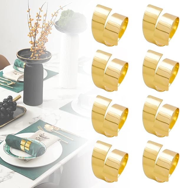 OTTYMO 8Pcs Christmas Napkin Rings Set Handmade Round Napkin Rings Holder Napkin Ring Sets Napkin Buckles Holder Metal Napkin Holders for Wedding Dinner Party Banquet Festival able Decorations - Gold