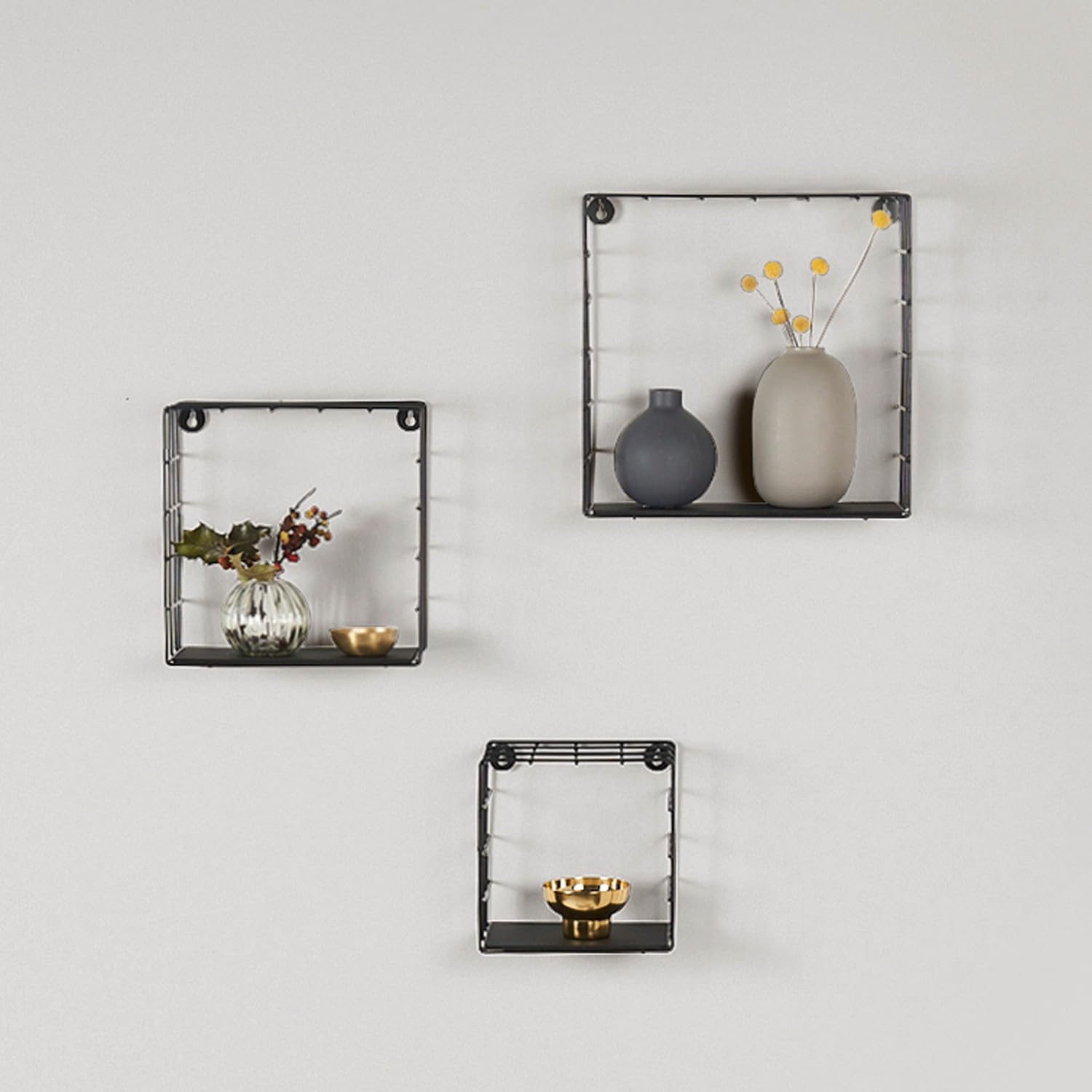 Set di 3 mensole da parete Sidney, moderne, in metallo e legno, colore nero, 30 cm