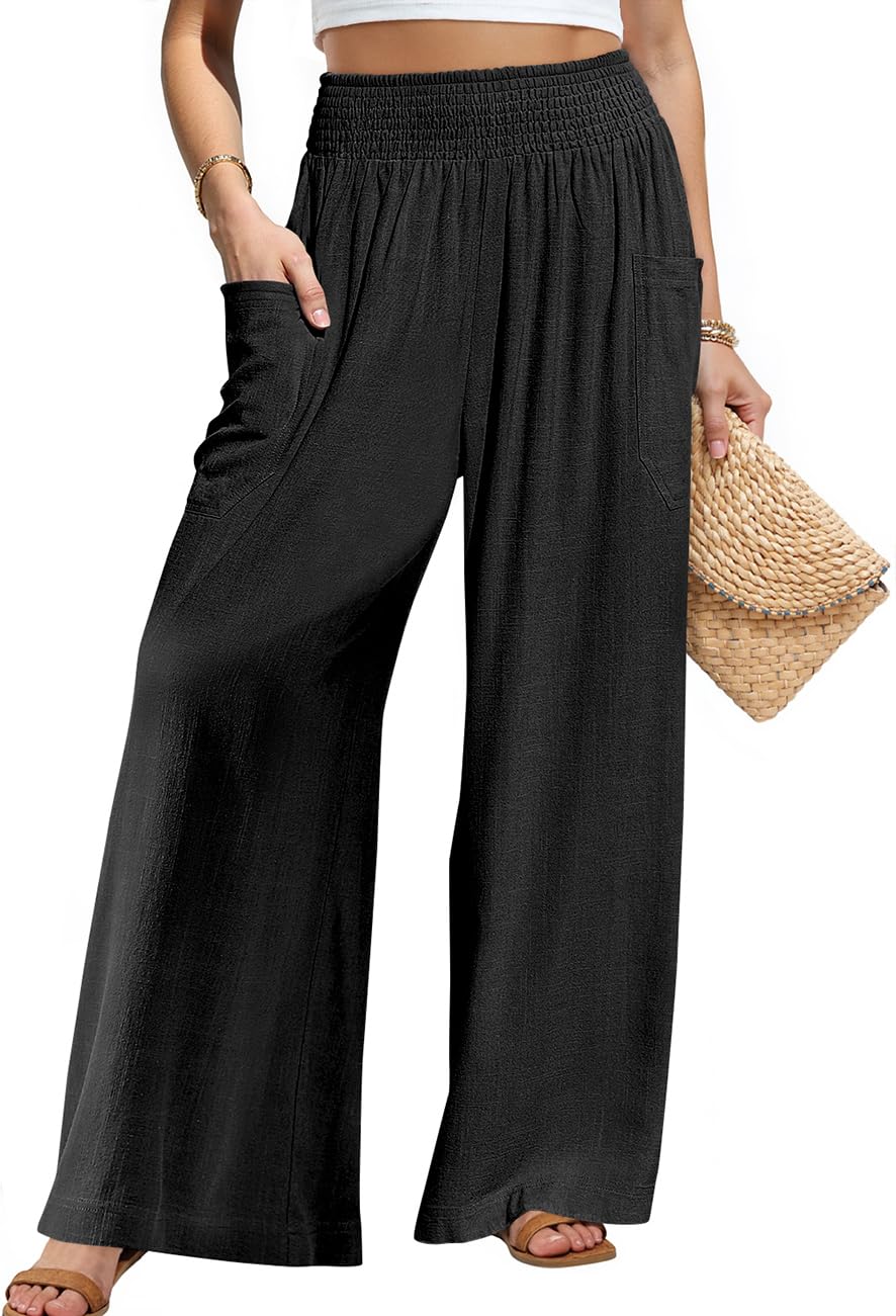 TARSE Women Linen Palazzo Pants Wide Leg Summer Boho High Waist Casual Lounge Pant Beach Travel Vacation Outfits