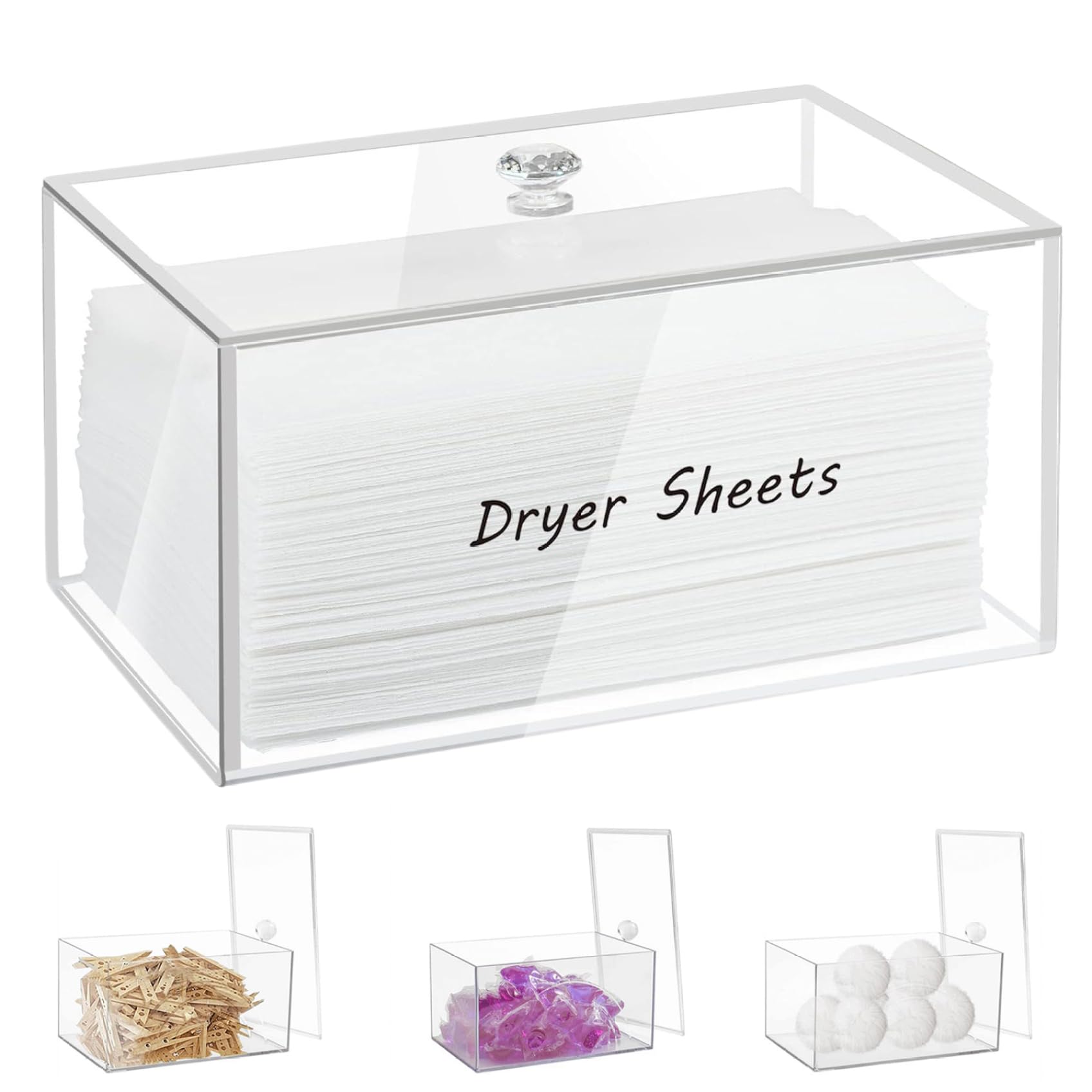 Suxdlan Dryer Sheet Holder, 7x5x4 Clear Acrylic Laundry Detergent Holder with Portable Lid for Organization, Holds Sheets, Balls, Clothes Pins, Laundry Capsules