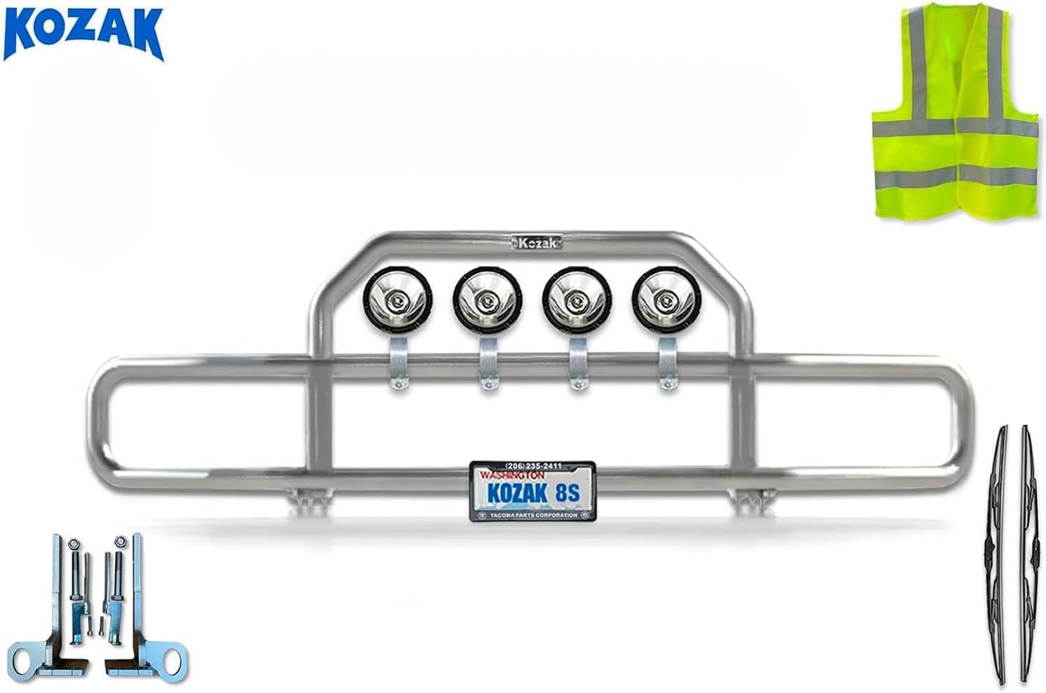 Chrome Front Grille Deer Moose Brush Bumper Guard with 4X 6 LED Lights Compatible with Kenworth T660 Plus Mounting Brackets, Logo, 22'' Wipers, License Plate Holder and Frame, Vest