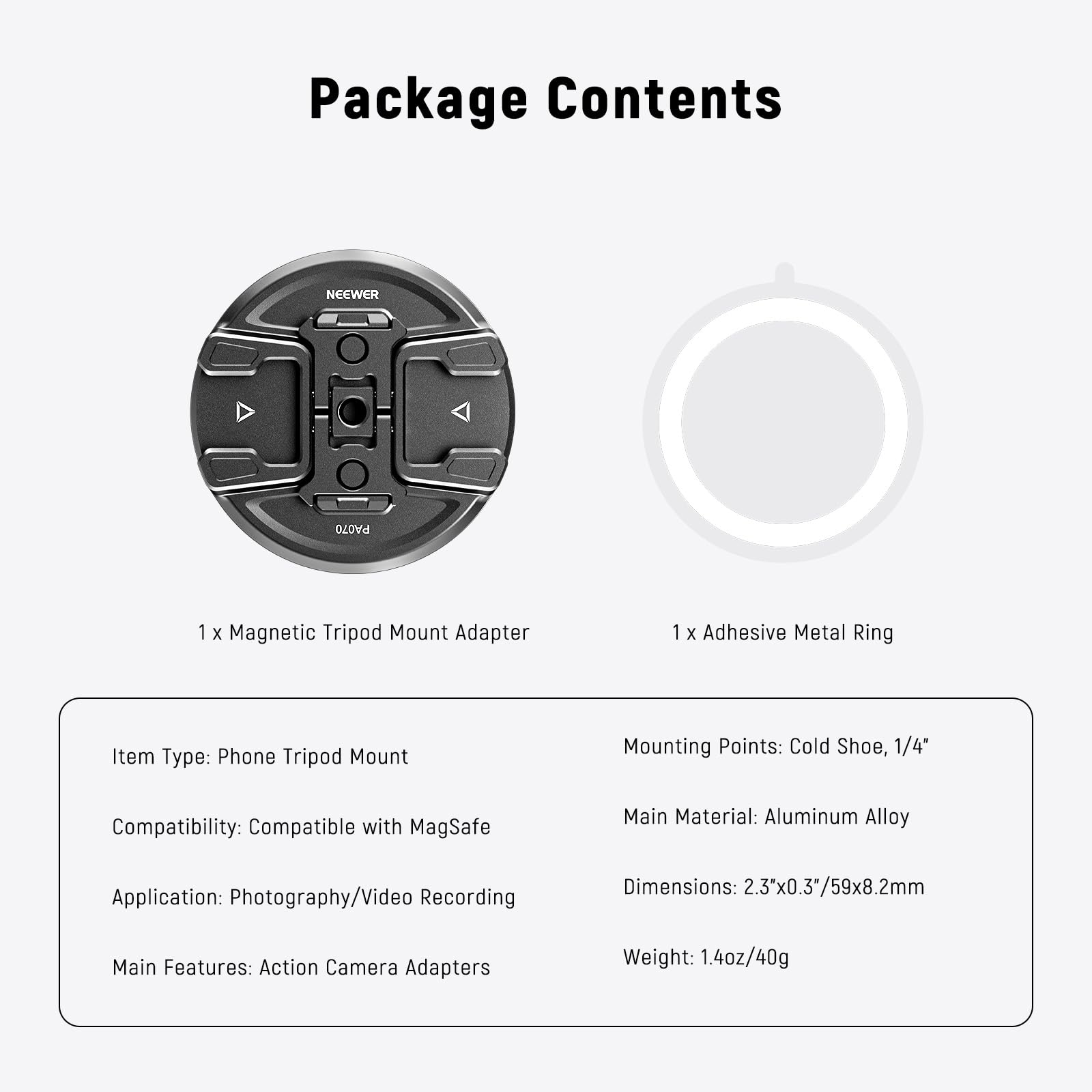 NEEWER Soporte magnético para trípode para teléfono con Adaptador de cámara de acción, Zapata fría con Pin antiapagado, Rosca de 1/4 Pulgadas Compatible con MagSafe iPhone 16 15 14 13 12 Series dji