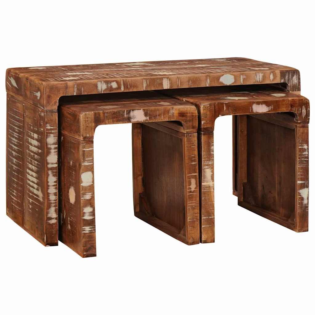 SXZenSpace Rustic Nesting Table Set Brown Reclaimed Wood Modern Space-Saving Coffee for Living Room 82 x 40 cm, Small Side Tables Compact Spaces
