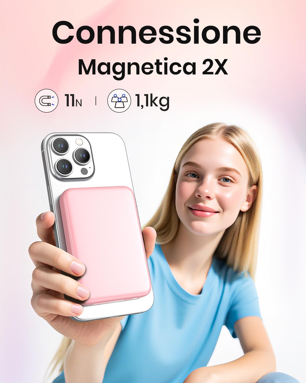 Magnetico-Power-Bank-Wireless-10000mAh - Riapow PD 20W QC 3.0 Ricarica Rapida Powerbank, Caricabatterie Portatile con Ingresso e Uscita USB C e Display LED per IPhone 16/15/14/13/12 (Rosa)