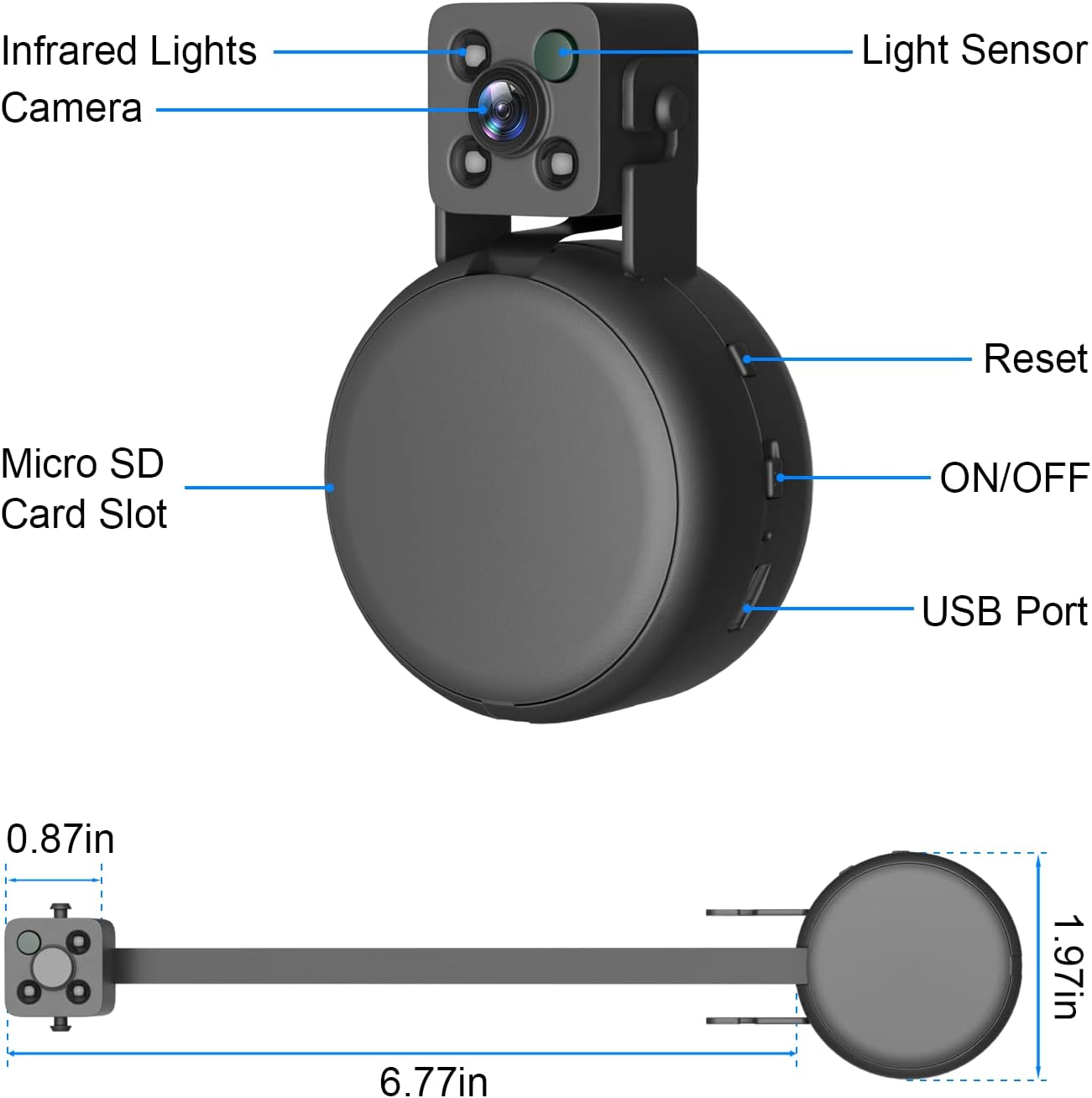Diagram of FULAO Mini Hidden Camera S104 with labels for Infrared Lights, Camera, Light Sensor, Reset button, ON/OFF switch, Micro SD Card Slot, and USB Port. Dimensions are also shown.