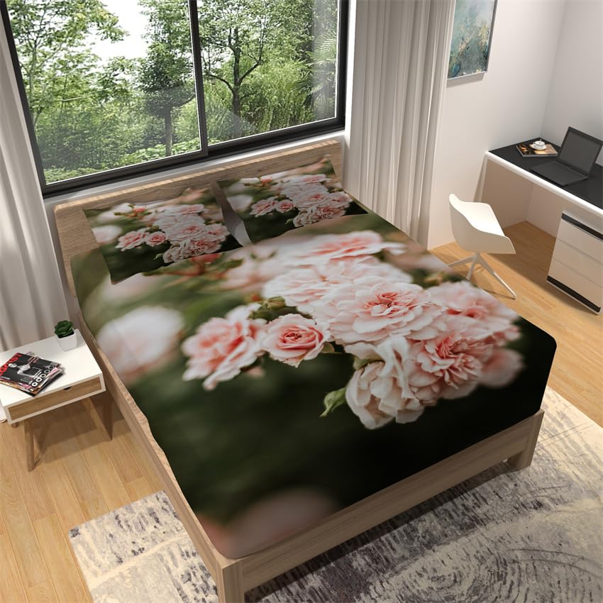 Sabanas 90X190 Flores Rosas Bedding Juego De Sabanas 3 Piezas - Poliéster Microfibra Cepillada Funda Colchon - Hipoalergenica Juego De Sabanas - 2 Fundas De Almohada
