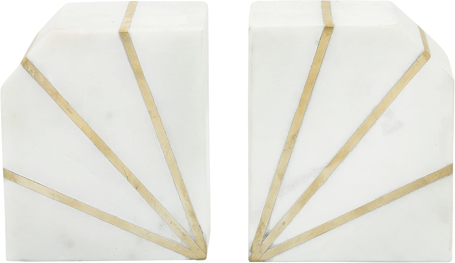 Sagebrook Home Set of 2 Marble Bookends with Inlay Stripes - Modern Heavy-Duty Decorative Stone & Metal Book Holders for Home, Office, Bedroom, or Living Room - 5" White