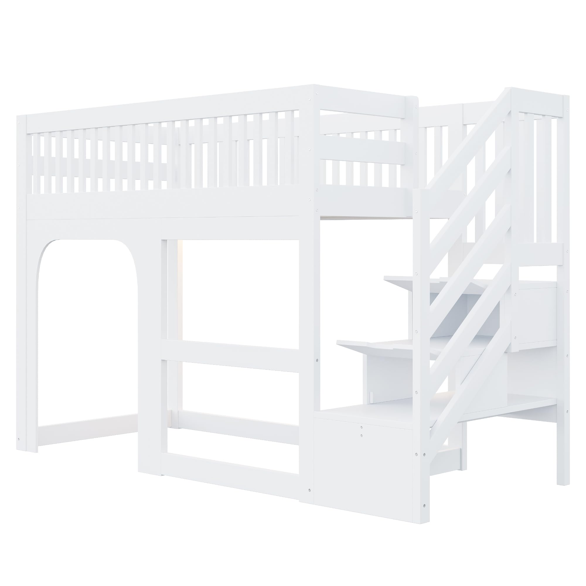 Cama alta infantil de 90 x 200 cm con aspecto de puerta y ventana, con escalera ascendente con espacio de almacenamiento, espacio de almacenamiento abierto debajo de la cama, equipada con iluminación