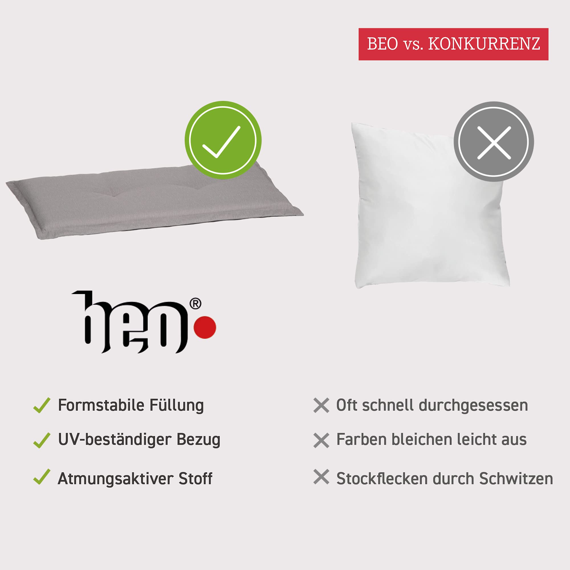 Beo Bankauflage Waschbar Ascot | Premium-Qualität Made in EU | Atmungsaktive Gartenbank Auflage nach Öko-Tex Standard | UV-beständige Sitzauflage Bank | Auflage Bank in Hell-Grau