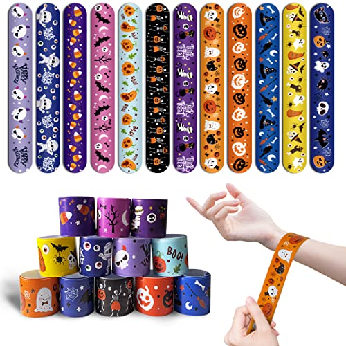 LOMIMOS 48PCS Halloween Slap Bracelets Snap Wristbands with Assorted Pumpkin Skeleton Bat Spider for Kids Trick or Treat Gift Bag Filler Party Favors