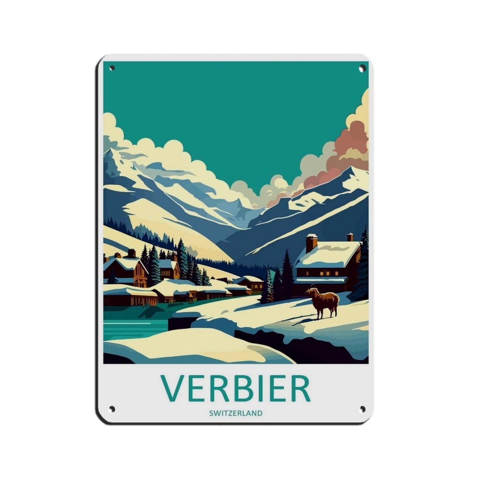 Verbier Ski Resort Ski Enthusiast Gift Retro Poster Metal Tin Sign Chic Art Retro Iron Painting Bar People Cave Cafe Family Garage Poster Wall Decoration 12x16inch(30x40cm)
