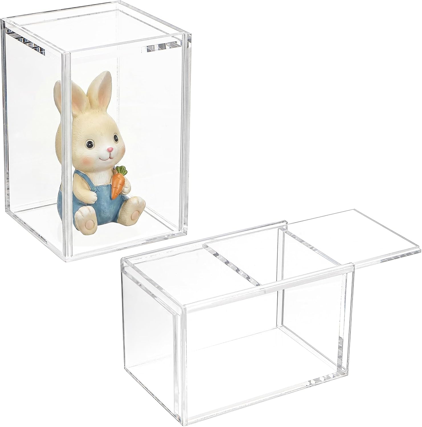 Frcctre 2 Pack Clear Acrylic Display Case, 3x3x4.5 Inches Small Stackable Showcase with Sliding Door, Dustproof Blind Box Organizer Cases for Mini Figures, Collectibles, Toys, Action Figures