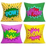 Easternproject Set of 4 Super Hero Quote Throw Pillow Case Cushion Cover Comic Book Exclamation Pattern Decorative Square 18x18 Inch Pillowcase Best Gift (Pow Wham Kapow Boom)