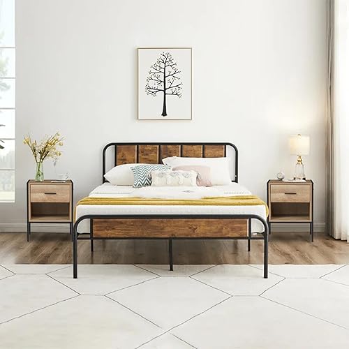 Miniatura 2 de kinbor Juego de 2 mesitas de noche rústicas para sala de estar, juego de 2, mesita de noche con cajón y estante, muebles para el hogar para espacios