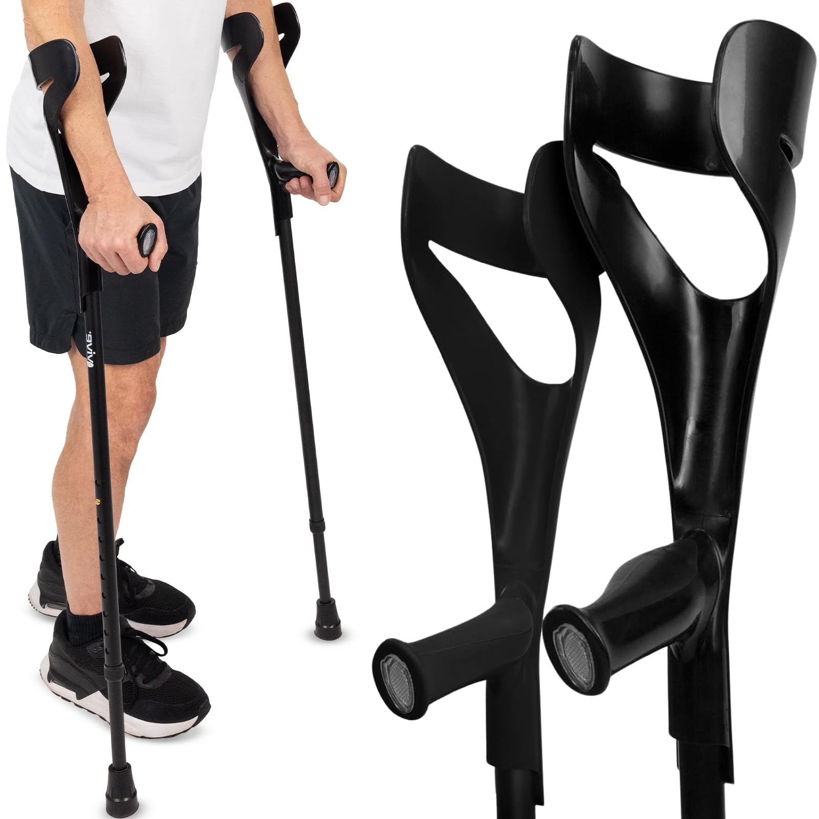 Forearm Crutches Lightweight Arm Cuff Crutch Adjustable Ergonomic Heavy Duty For Standard And Tall Adults Comfortable On Wrist Molded Non Skid Replaceable Rubber Tips Black