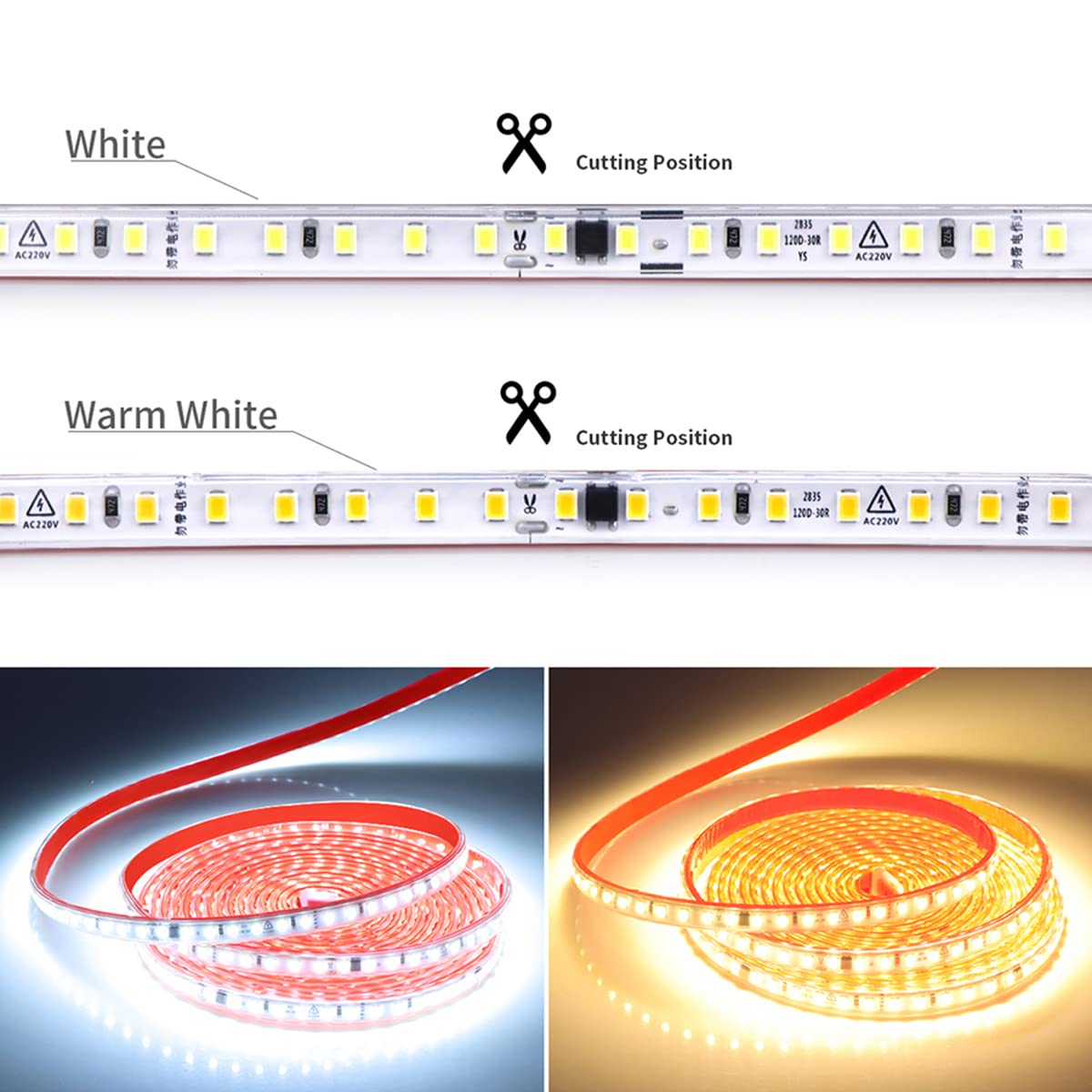 6m Ruban à LED avec IC - blanc chaud, direct vers AC 220V, autocollant, Bande de 2835 SMD 120 LEDs/m, éclairage très lumineux, IP65 étanche