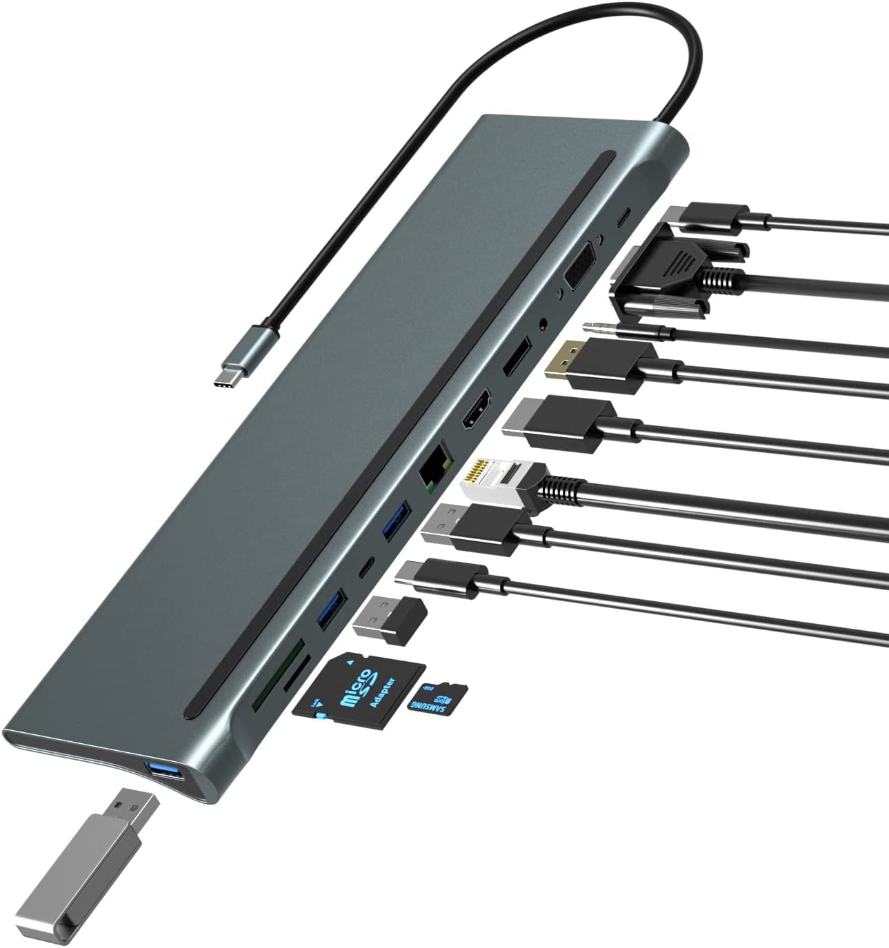 USB C HUB, USB HUB, USB C to 12 in 1 HUB Dock MST, Aluminium Type C Station 1* HDMI Port, 1* VGA, RJ45, 3 USB 3.0 Ports,3.5mm Audio, USB-C Power Delivery,TF/SD Slot and USB C Port All Devices-image-41