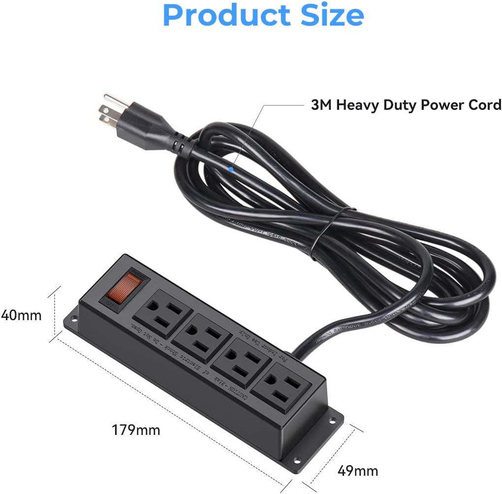 2 Packs Mountable Power Strip with 4 Outlet, Wall Mount Under Desk Power Strip with 10ft Cord, Flat Plug Power Socket for Home, Office, Industrial, Black 2PCS Power Strips