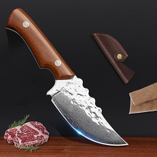 Miniatura 1 de Cuchillo táctico de caza de acero de Damasco martillado hecho a mano con vaina, ultra afilado para desollar, acampar, herramienta al aire libre,