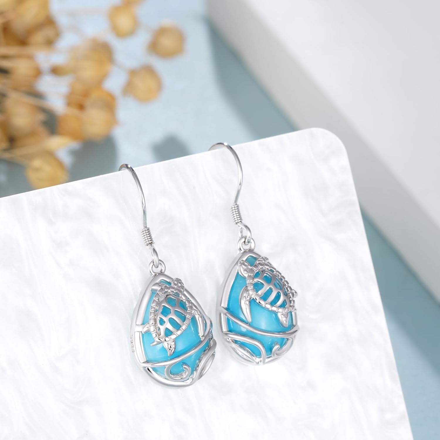 Turtle Earrings for Women 925 Sterling Silver Larimar Turtle Dangle Earrings Jewelry Gifts for Women - Image 2