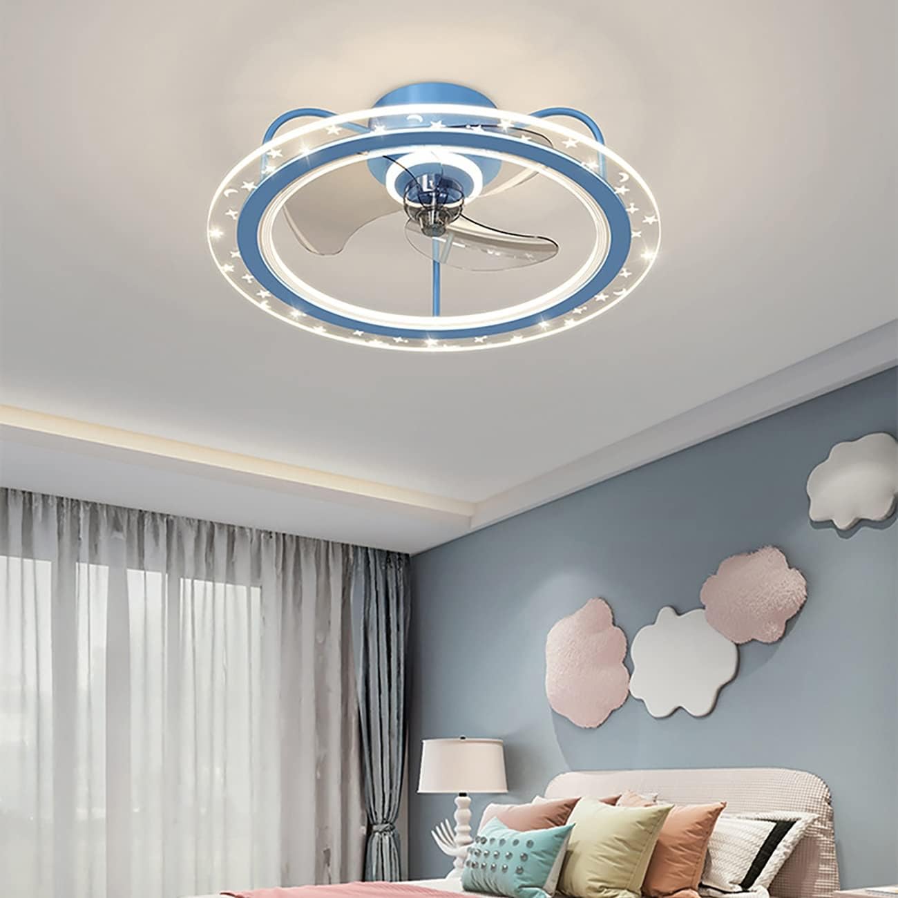 YUEGOO Kids Ceiling Fans with Lights and Remote Reversible Fan Silent Led Dimmable Ceiling Fan Lights with Timer 6 Speed Fan Ceiling Light for Living Room Bedroom Dining Room/Blue