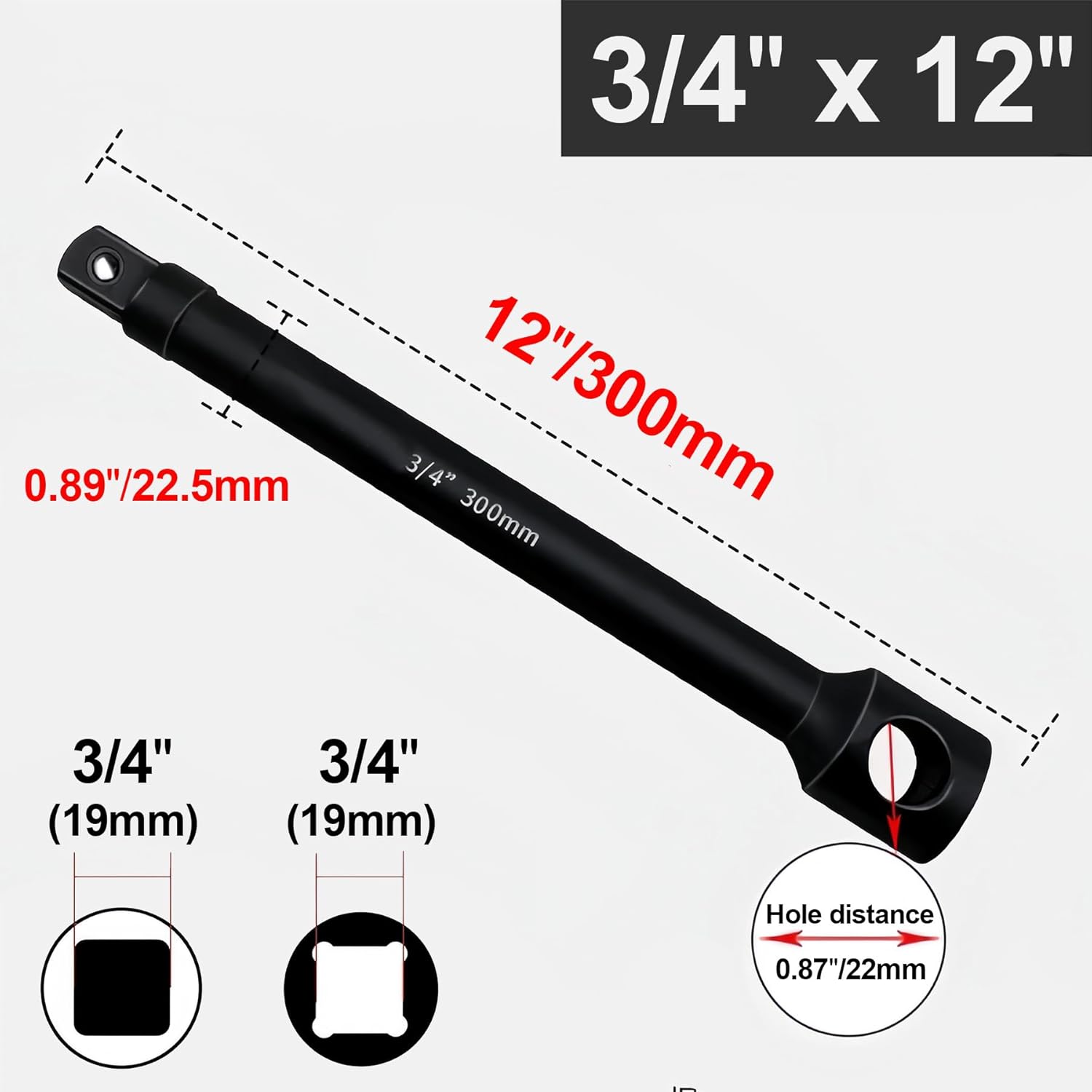 3/4" Drive by 12" Impact Extension Bar, Cr-Mo Steel, for Ratchet Wrench