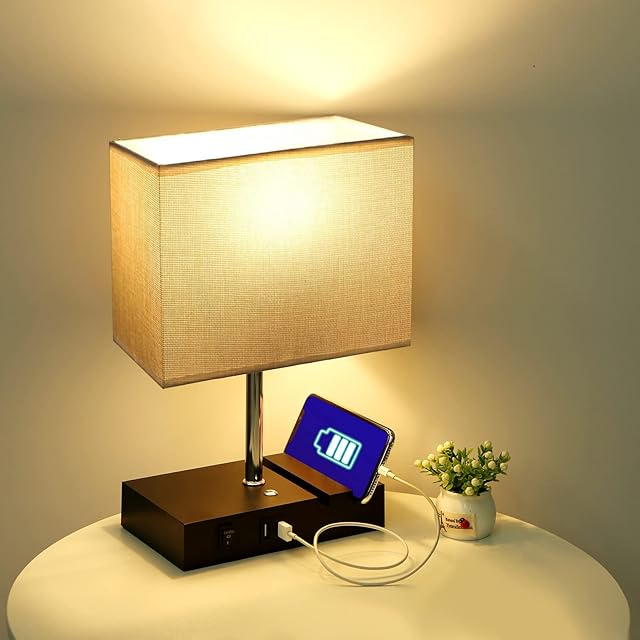 USB Table Lamp,Touch Control Bedside Lamp with 2 Fast Charging USB Ports,Grey Dimmable Nightstand Lamp with 2 Phone Stand for Bedroom, Living Room,Study (Bulb Included)