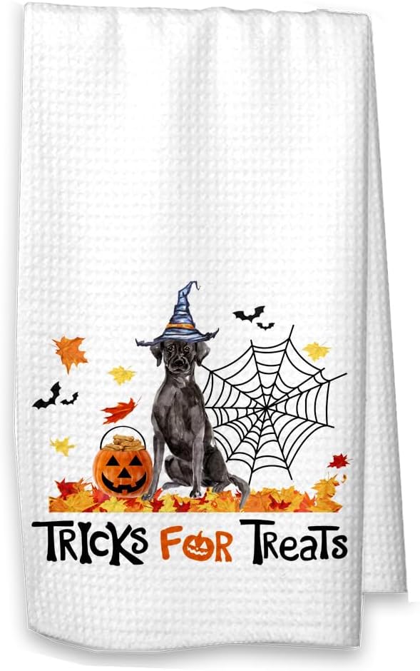 Studio 9Thirty3 Personalized Black Labrador Retriever Halloween Kitchen Towel – “Tricks for Treats” Custom Dog Name Dish Towel – Waffle Weave Dog Lover Gift – Printed in USA (Black Lab Personalized)