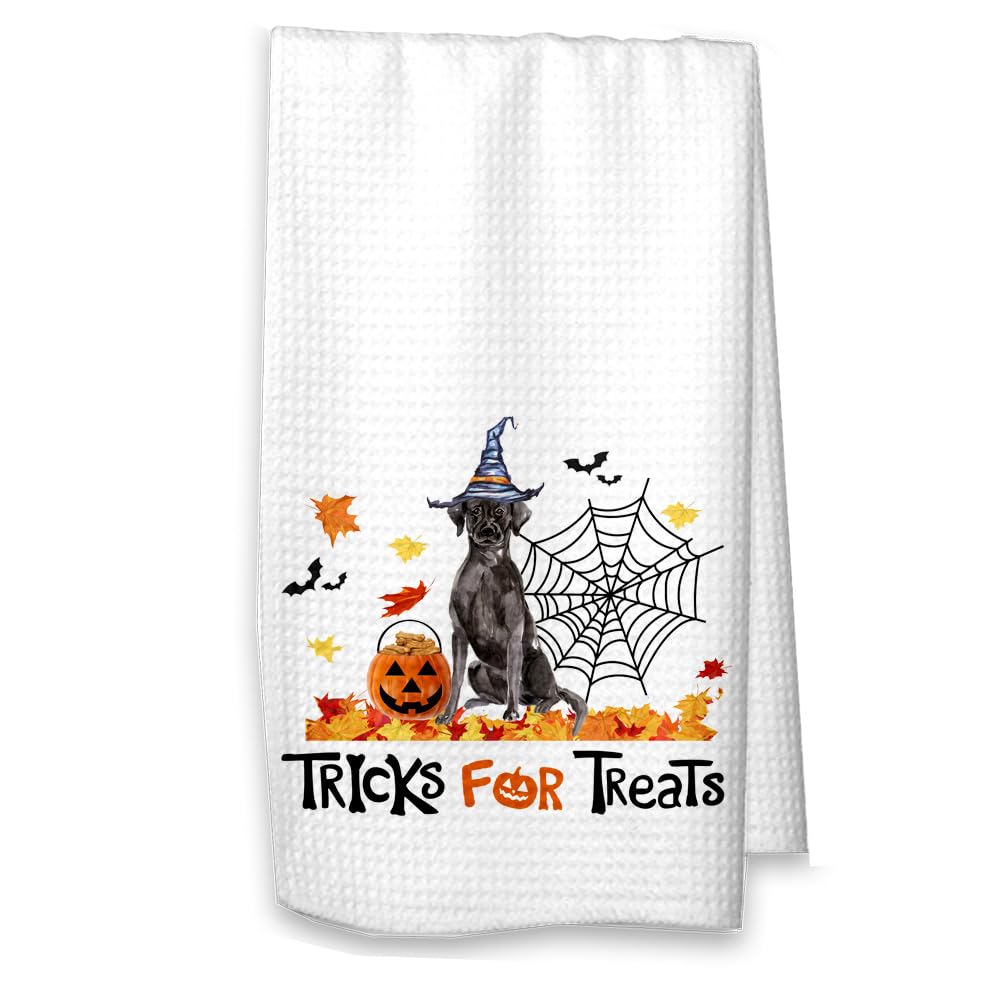Studio 9Thirty3Black Labrador Retriever Halloween Kitchen Towel – “Tricks for Treats” Dog Dish Towel – Waffle Weave Dog Lover Gift – Printed in USA (White Towel, Black Lab no Name)