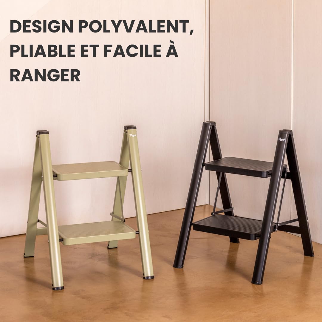 Vigar Escabeau Pliable à 2 marches jusqu'à 150 kg, léger, antidérapant, en Acier, avec poignée en métal, pour la Maison, Vert | Escabeau pliable en acier léger et antidérapant avec poignée en métal pour la maison, tabouret à 2 marches