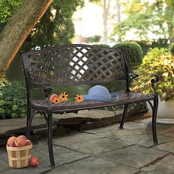 JOYBASE Outdoor Bench, Garden Patio Bench with Backrest, All-Weather Aluminum Frame, Patio Furniture Decor, Rustic Outdoor Loveseat for Lawn, Porch and Park Bronze