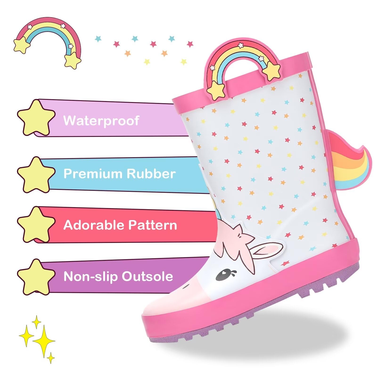 FUNCOO PLUS Botas de agua de goma para niños pequeños, botas de lluvia impermeables para niños y niñas, con asas en patrón divertido