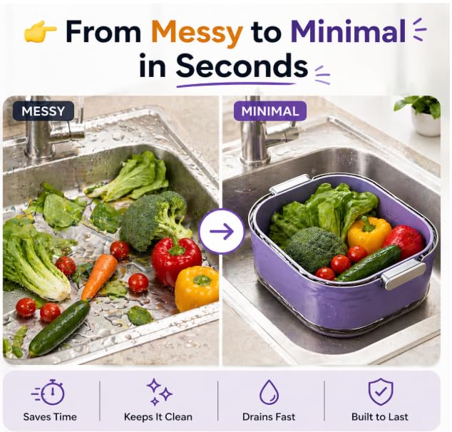 Image of 3-in-1 Vegetable Washing Basket with Drain Tray Set of 3,Kitchen Strainer & Colander Bowl,BPA-Free Vegetable & Fruit Washer with Handle (Purple)