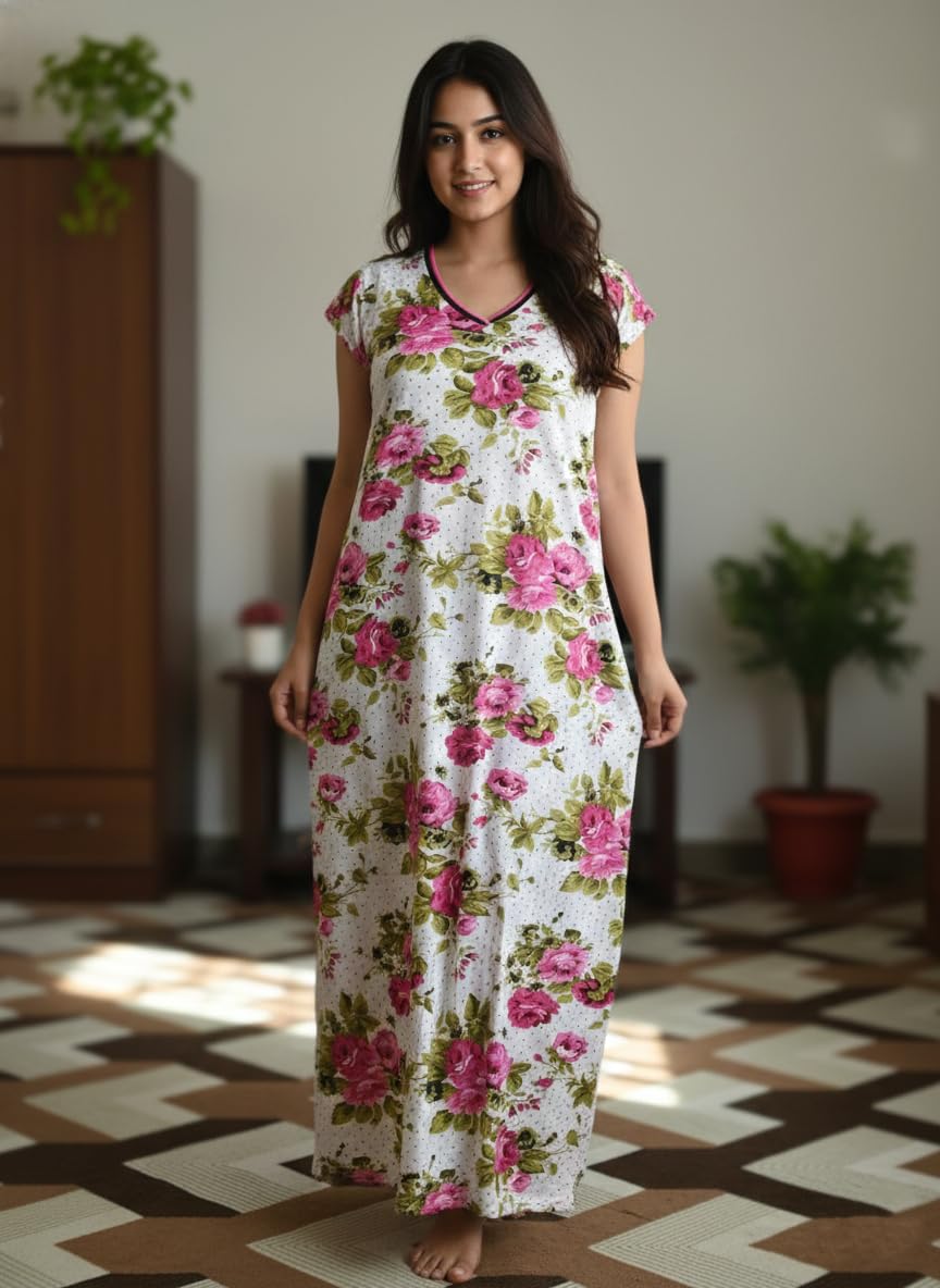 luveka Women's Floral Print Maxi Nighty | Leaf Print | Short Sleeve | V-Neck | Full Length Night Dress | Stretchable | Free Size Sleepwear Gowns for Women-picture-47