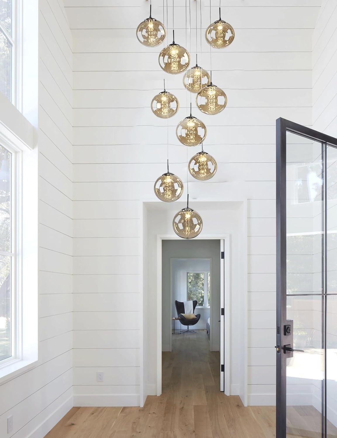 Gweat 10 Glass Balls Staircase Chandelier Long Pendant Light Duplex Building Large Chandelier Living Room Villa Hollow Modern Minimalist Staircase Lamp 40x200cm(Color:Champagne)