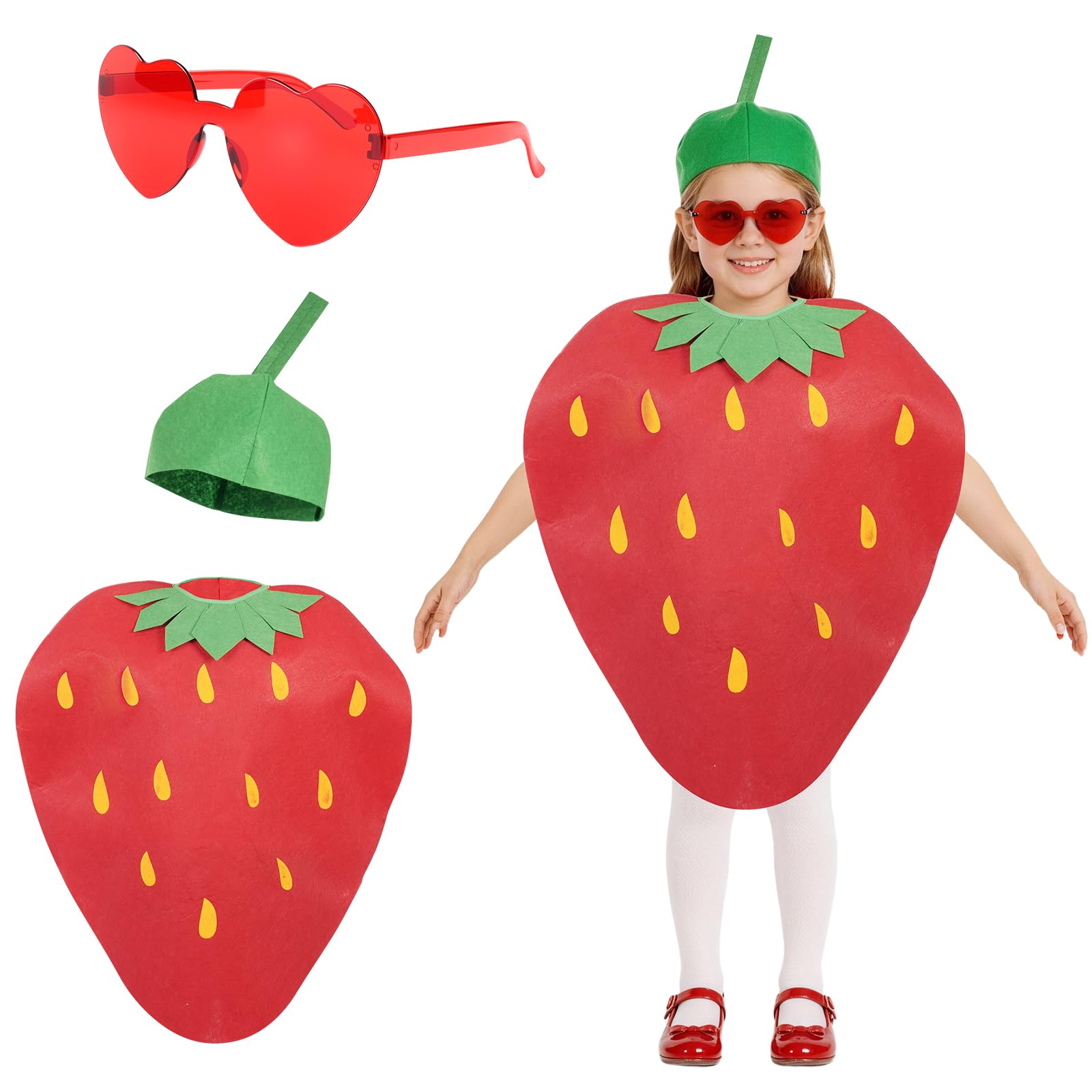 AYBUY Strawberry Costume for Kids, Funny Fancy Dress Up with Glasses, Lightweight and Comfortable Kids Fruit Costume for Themed Party Role Play World Book Day Halloween Christmas Carnival