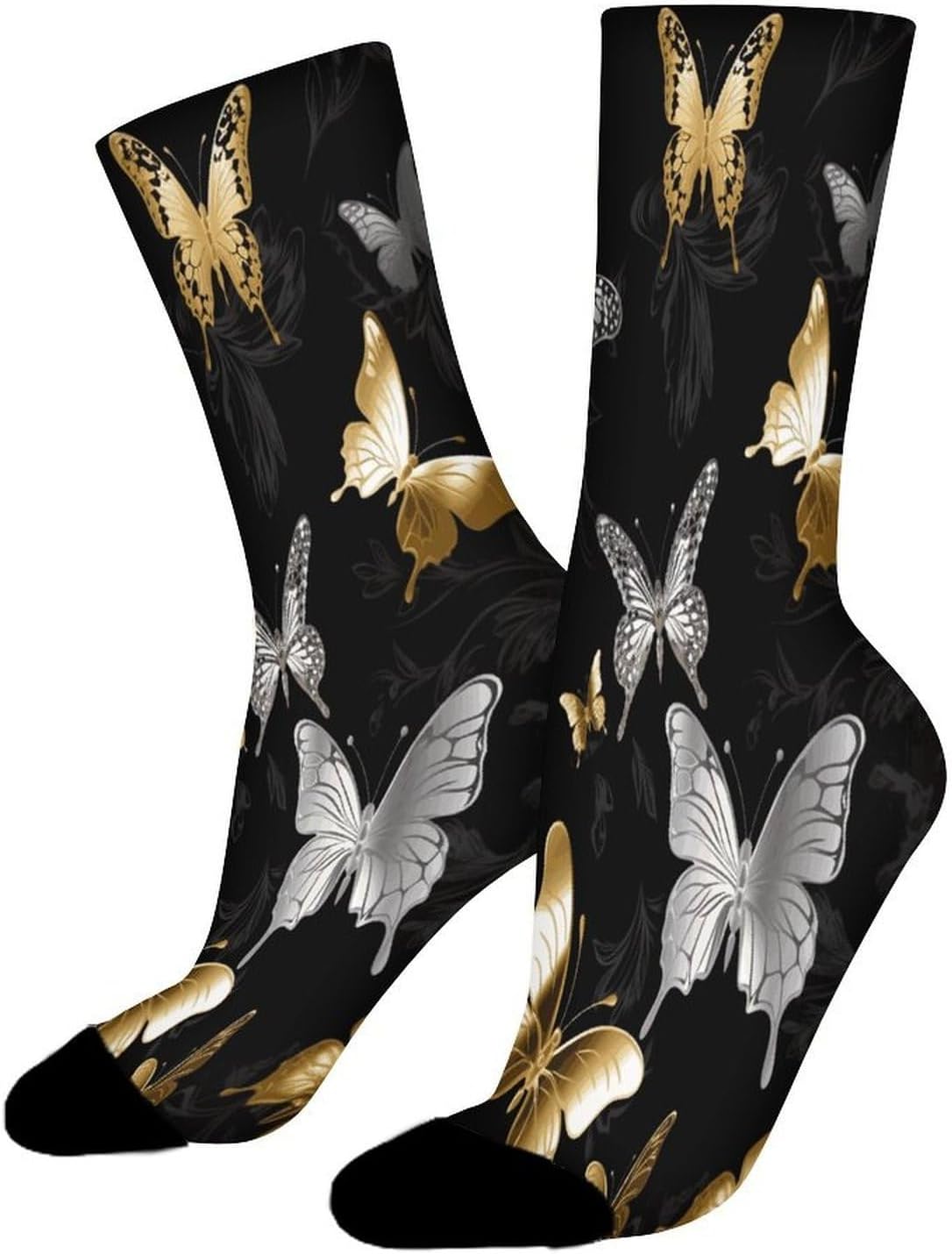 Gold White Butterflies Black Crew Sock High Stocking Grippy Socks | Socks for Men & Women,Stockings-Long Thin Tube Sports, Breathable Soft Athletic for Nurses,Travel