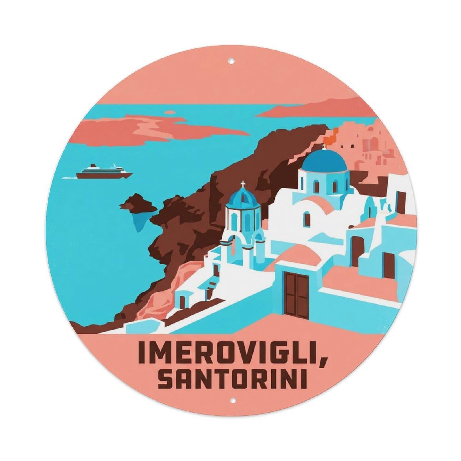 White Cave House Imerovigli Santorini Greece Blue Dome Metal Tin Sign