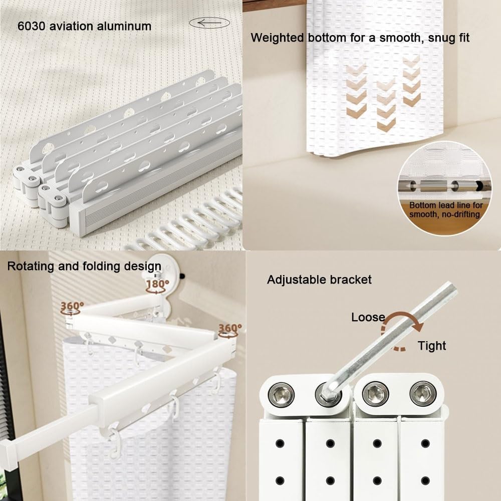 Foldable Shower Curtain Rod with Shower Curtain, Wall Mounted Folding Shower Curtain, 360°Collapsible Shower Curtain Rod for Bathroom Corner(Dark Gray,Two-fold)