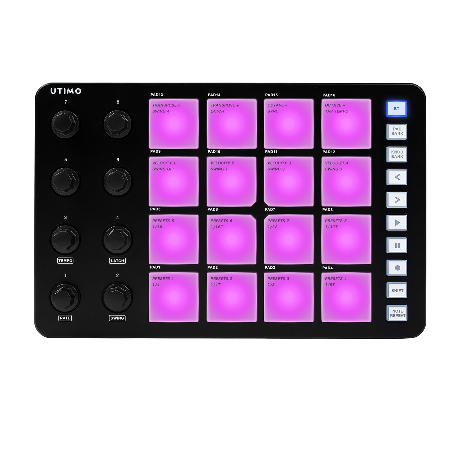 Nikou 16-Tasten MIDI-Controller Percussion Pad, RGB Hintergrundbeleuchtung MIDI-Tastatur BT-Anschluss, 3,5mm Ausgang mit Geringer Latenz, Eingebaute Batterie (Schwarz)
