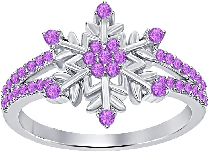Women's 14K White Gold Over .925 Sterling Silver Round Gemstone Split Shank Flower Design Snowflake Ring