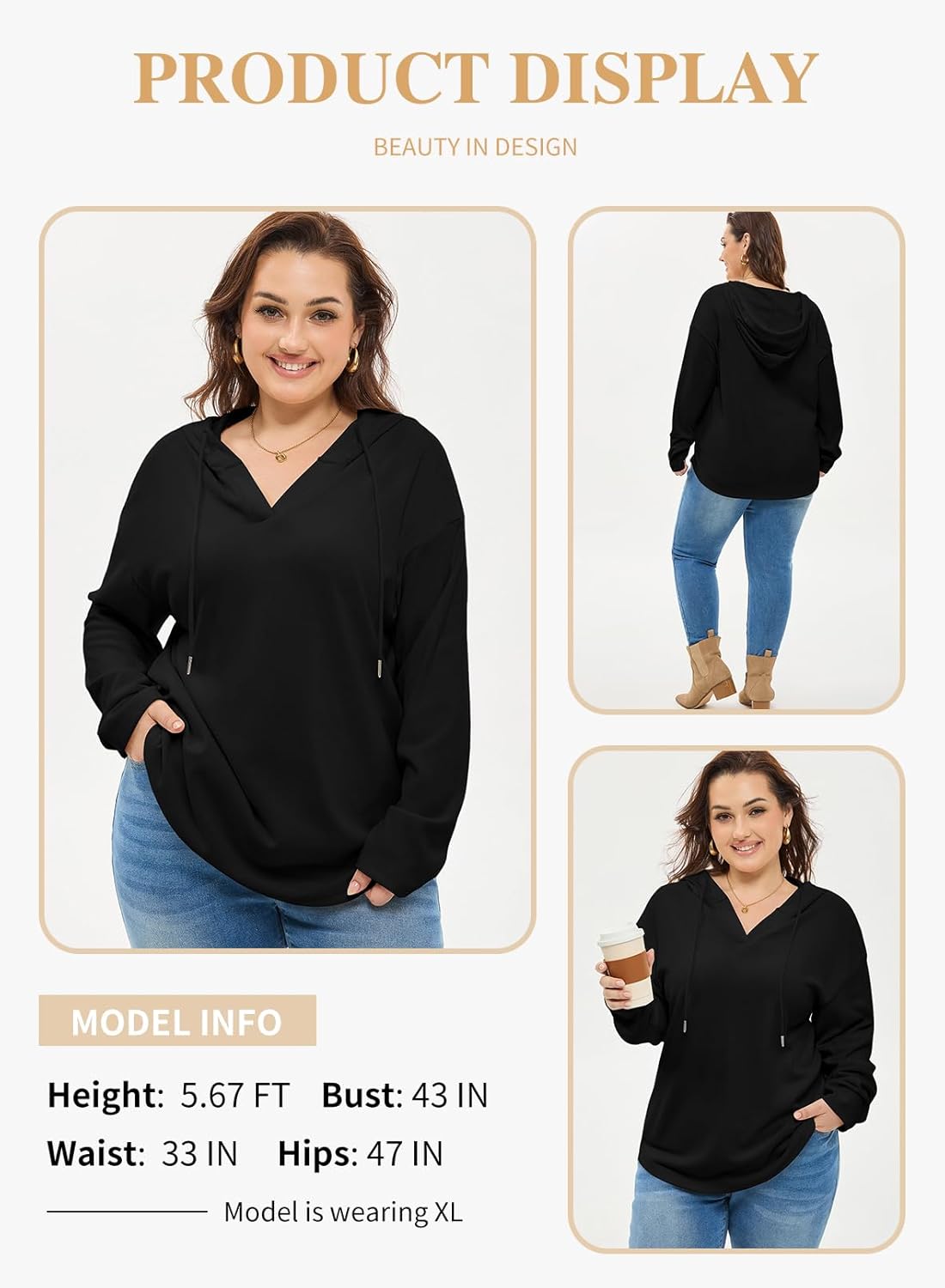 Eytino Plus Size Sweatshirts for Women Long Sleeve V Neck Drawstring Pullover Hoodies Tops(1X-5X) - Image 3