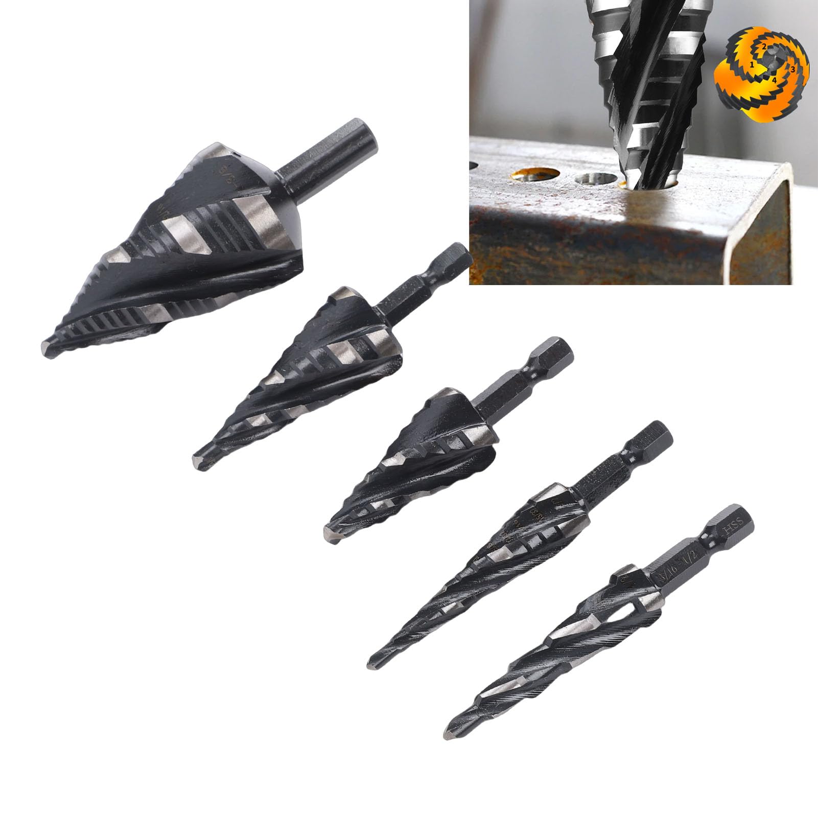 Lot de 4 forets étagés HSS hélicoïdaux avec tige hexagonale de 0,6 cm et 1 cm pour acier inoxydable, métal, bois, plastique et aluminium, revêtement en nitrure,