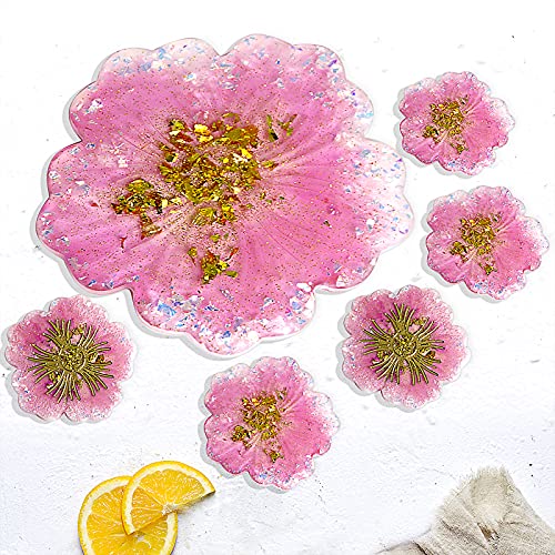 Ingsi Coaster Resin Molds-5 pcs Coaster Molds for Resin Casting with 1 pcs Large Tray Resin Mold-Sakura Geode Resin Coaster Molds-Flower Rolling Tray Silicone Molds for Epoxy Resin-Home Decoration