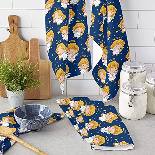 Funnywall88 Kitchen Towels Or Dish Towels, Blue Sky Cute Cartoon Angel With Horn Christmas Night Kitchen Hand Towels For Mom Or Tea Towels, Set Of 1 Cotton Dishtowels And Dishcloth For Bathroom Decor #TOP2